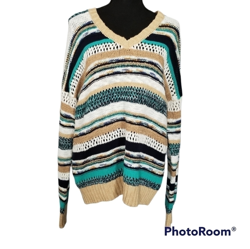 NWT Olivia Sky sz L blue and tan loose knit v neck sweater